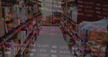 Borsa animasyonu ve boş depo üzerinden finansal veri işleme. küresel sevkiyat, dağıtım ve bağlantılar konsepti dijital olarak oluşturulmuş video.