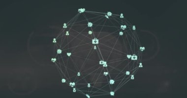 Siyah arkaplanda simgelerle ve ışık noktalarıyla bağlantı ağının bileşimi. Dijital arayüz teknolojisi ve ağ konsepti dijital olarak oluşturuldu.