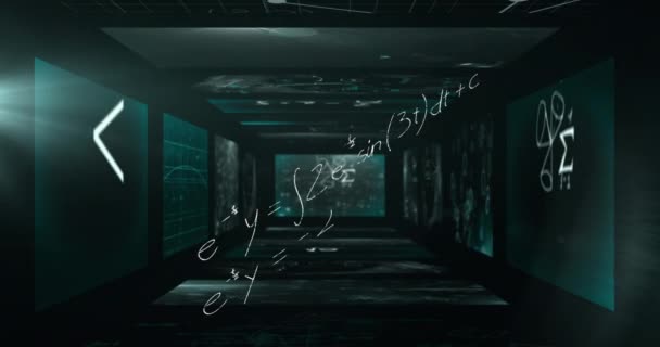 黒の背景に数学方程式のアニメーション 世界的な技術とデジタルインターフェースの概念デジタル生成されたビデオ — ストック動画
