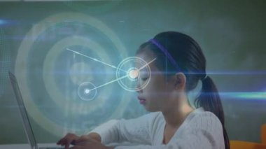 Glowing network of connections against asian girl using computer at school. education and technology concept