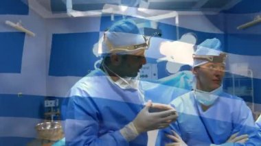 Çeşitli doktorların konuşmaları üzerine Yunan bayrağı animasyonu. küresel tıp ve vatanseverlik kavramı dijital olarak üretilen video.