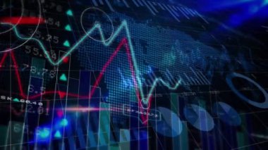 Dünya haritasında finansal veri işleme animasyonu. Küresel işletme veri işleme ve bağlantılar konsepti dijital olarak oluşturulmuş video.
