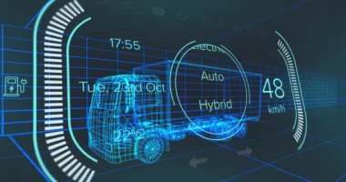 Siyah arka planda dijital kamyon modeli üzerinde araba arayüzü animasyonu. küresel ulaşım, teknoloji ve dijital arayüz kavramı dijital olarak oluşturulmuş video.