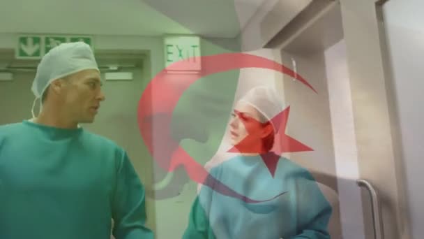 Animazione Bandiera Algeria Sopra Dottori Caucasici Che Parlano Concetto Globale — Video Stock
