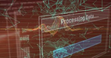 Veri işleme ile dijital arayüz ve kırmızı arkaplan ile bağlantı ağı. Küresel ağ ve bilgisayar arayüzü teknolojisi kavramı