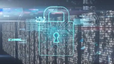 Animation of padlock, scanning, analysis, lights and data processing over servers. data safety, digital security and technology concept digitally generated video.