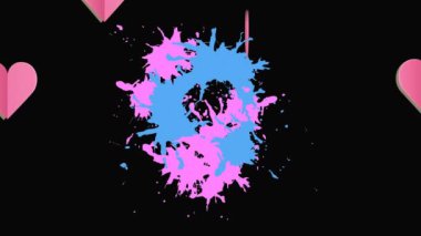 Kalplerin canlandırılması ve siyah arka planda boya sıçraması. Renk, şekil ve hareket konsepti dijital olarak oluşturulmuş video.