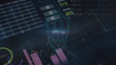Siyah arka plandaki dijital asma kilit üzerinden grafiklerin ve finansal verilerin animasyonu. İş, finans, ekonomi, dijital güvenlik ve konsept dijital olarak oluşturulmuş video.