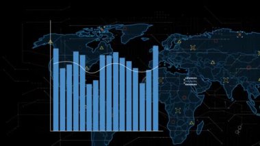 Finansal grafiklerin, verilerin ve dünya haritasının siyah arka planda canlandırılması. Küresel finans, para, ekonomi ve teknoloji konsepti dijital olarak oluşturulmuş video.