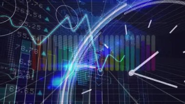 Finansal grafikleri sayma animasyonu ve donanma arkaplanındaki saat üzerinden dünya haritası. Finans, ekonomi, iş, veri işleme ve teknoloji konsepti dijital olarak oluşturulmuş video.