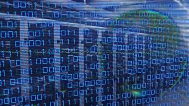Sunucu odasında veri işleme animasyonu. küresel iş ve dijital arayüz kavramı dijital olarak oluşturulmuş video.