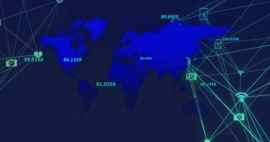 Simgelerle bağlantı ağı üzerinden veri işleme ile dünya haritasının animasyonu. Küresel teknoloji, bilgisayar ve dijital arayüz kavramı dijital olarak oluşturulmuş video.