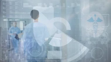 Çeşitli doktorların konuştuğu veri işleme animasyonu. Küresel tıp ve dijital arayüz kavramı dijital olarak oluşturulmuş video.