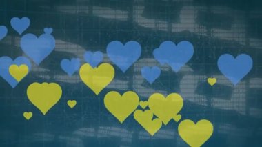 Veri işleme animasyonu ve mavi arkaplan üzerindeki kalpler. Küresel iş ve dijital arayüz kavramı dijital olarak oluşturulmuş video.