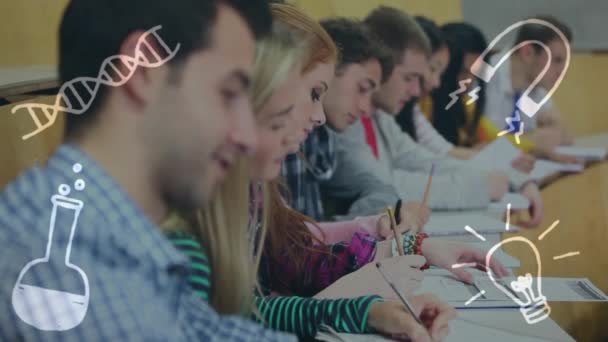 Animation Icônes Scolaires Sur Divers Élèves Pendant Examen Éducation Mondiale — Video