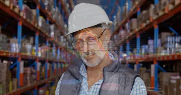 倉庫で笑っている白人のシニア男性監督者の肖像上の財務データ処理 グローバルな金融 物流ビジネスの考え方 — ストック動画