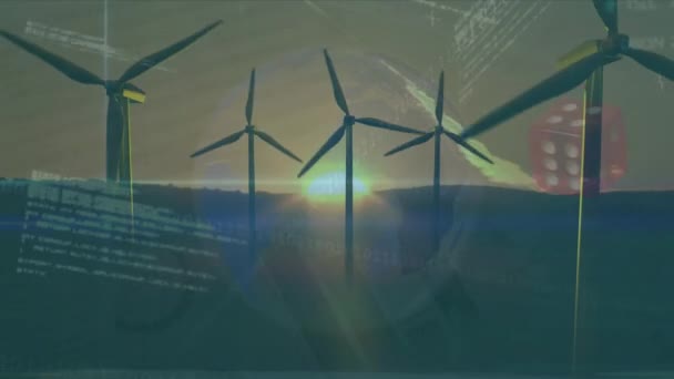 Animatie Van Financiële Gegevens Grafieken Windturbines Bij Zonsondergang Eco Energie — Stockvideo