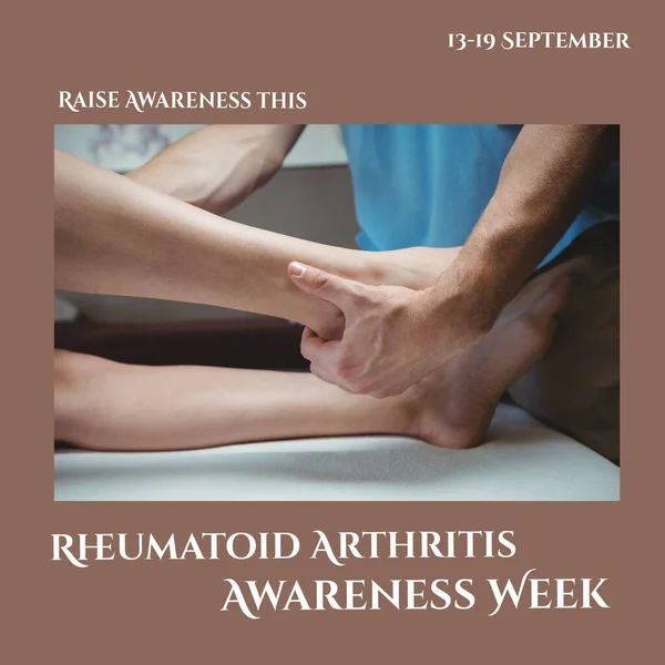 Caucasian doctor moving patient\'s leg and raise awareness this rheumatoid arthritis awareness week. Text, 13-19 september, composite, disease, joints, autoimmune, healthcare, support and prevention.