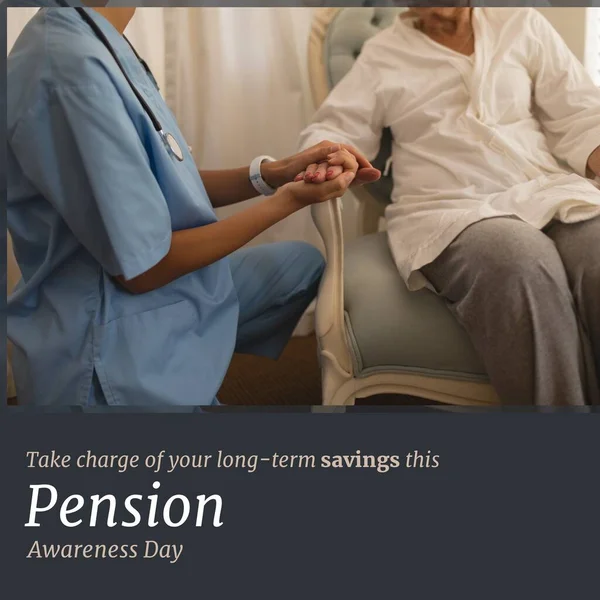 Digital Image Biracial Female Doctor Holding Senior Woman Hand Pension — Stock Photo, Image