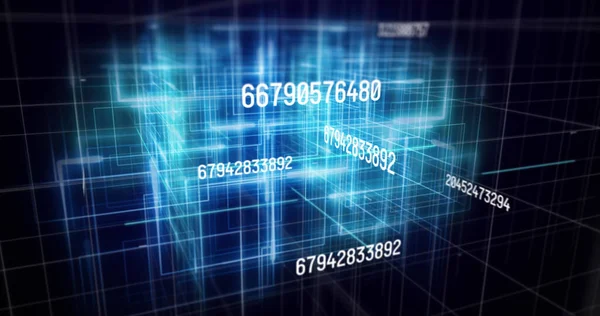 Image of numbers processing over blue lines on black background. global internet security, data processing, connections and digital interface concept digitally generated image.