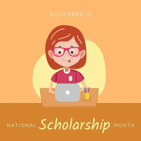 Illustration of girl studying over laptop on table and november is national scholarship month text. Copy space, vector, wireless technology, childhood, education, opportunity and awareness concept.