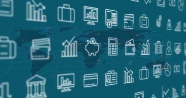 Yeşil arka planda dünya haritasında finansal simgelerin canlandırılması. Dijital olarak oluşturulmuş küresel ağ, iletişim, veri işleme ve teknoloji konsepti.