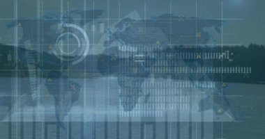 Grafik animasyonu ve gri arkaplanda dünya haritası. Küresel finans, ekonomi ve teknoloji kavramı dijital olarak üretilen video.