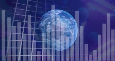 Donanma arka planında küre, grafikler ve dönen tünelin animasyonu. Dijital olarak oluşturulan küresel veri işleme, finans ve teknoloji konsepti.