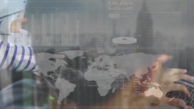 Animation of data processing over hands of asian boy using laptop with copy space. School, education, informatics and learning with technology concept digitally generated video.
