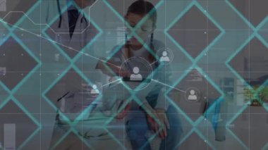 Network of profile icons over caucasian senior male doctor with digital tablet talking to girl. Medical healthcare and technology concept