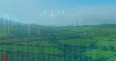 Manzara üzerinde veri işleme animasyonu. küresel iş ve dijital arayüz kavramı dijital olarak oluşturulmuş video.