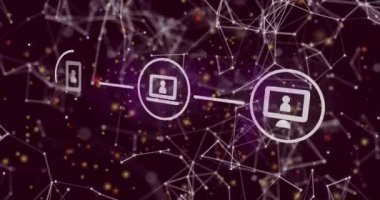 Siyah arkaplan üzerinde şekillerin, bağlantıların ve simgelerin canlandırılması. Bağlantılar, ağ, veri işleme ve teknoloji konsepti dijital olarak oluşturulmuş video.