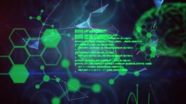 Animation of chemical formulas and globe over connections on black background. network, connections, science and technology concept digitally generated video.