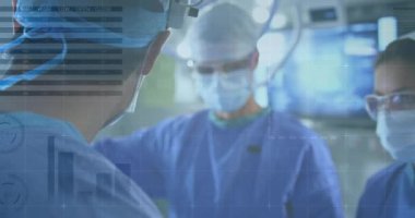 Statistical data processing over team of diverse surgeons performing operation in operation theatre. Medical healthcare and technology concept