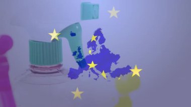 Avrupa Birliği yıldızlarının harita ve temizlik ürünleri üzerindeki animasyonu. Avrupa yönetmelikleri, eko yasası, atık geri dönüşüm kavramı dijital olarak oluşturulmuş video.