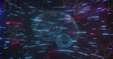 Human brain and blue light trails spinning over network of connections against black background. Medical research and science technology concept