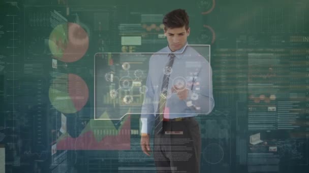 Digital Interface Data Processing Caucasian Businessman Touching Futuristic Screen Computer — Αρχείο Βίντεο