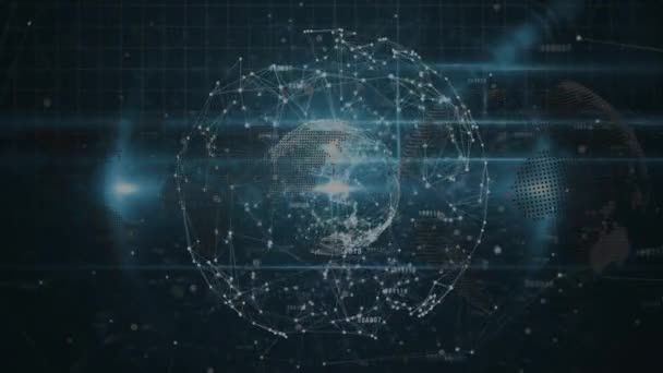 接続のネットワークの球が回転し 青の背景に光のスポット グローバルネットワーク技術の概念 — ストック動画