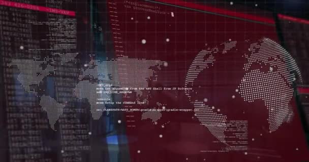 Animación Del Procesamiento Datos Sobre Mapa Mundial Globo Fondo Rojo — Vídeos de Stock
