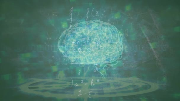 绿色背景下旋转大脑的动画和数学公式 人类生物学 数学和技术概念数码视频 — 图库视频影像