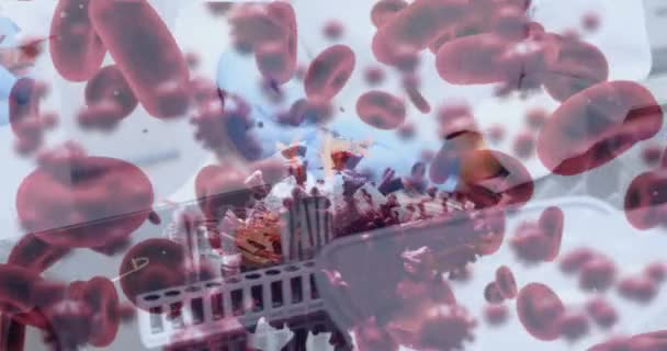 Animación Células Virales Sobre Científicas Birraciales Con Tubos Ensayo Concepto — Vídeos de Stock