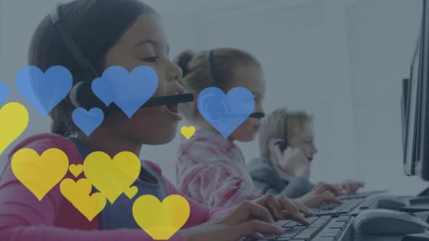 Animation Hearts Diverse Children Using Phone Headsets Office Global Business — Stock Video