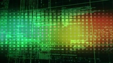 Yeşil ve kırmızı arka planda veri işleme animasyonu. programlama, veri işleme ve teknoloji konsepti dijital olarak oluşturulmuş video.