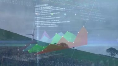 Rüzgar türbini üzerinde finansal verilerin ve grafiklerin animasyonu. Çevre gücü, yeşil enerji, küresel finans ve ekonomi konsepti dijital olarak oluşturulmuş video.