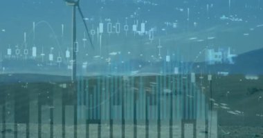 Rüzgar türbininin üzerindeki finansal grafiklerin animasyonu. Çevreci enerji, ekonomi gücü, finans ve ekonomi kavramı dijital olarak oluşturulmuş video.