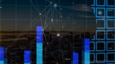 Veri işleme, bağlantı ağı ve şehir haritasının animasyonu. Küresel teknoloji, bilgisayar ve dijital arayüz kavramı dijital olarak oluşturulmuş video.