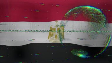 Egibt arkaplanı üzerinde veri işleme ve küre animasyonu. Dijital olarak oluşturulmuş küresel bağlantılar, veri işleme ve dijital arayüz kavramı.