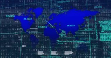 Dünya haritası üzerindeki parazit ve kara arkaplanda veri işleme animasyonu. Küresel teknoloji, bilgisayar ve dijital arayüz kavramı dijital olarak oluşturulmuş video.