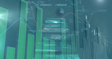 Şehrin üzerindeki kamera, istatistik ve finansal veri işlemlerinin animasyonu. küresel iş, finans, bilgisayar ve veri işleme kavramı dijital olarak oluşturulmuş video.