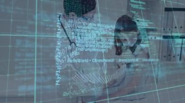 Data processing over caucasian female doctor examining hand of caucasian girl at hospital. Medical healthcare and technology concept